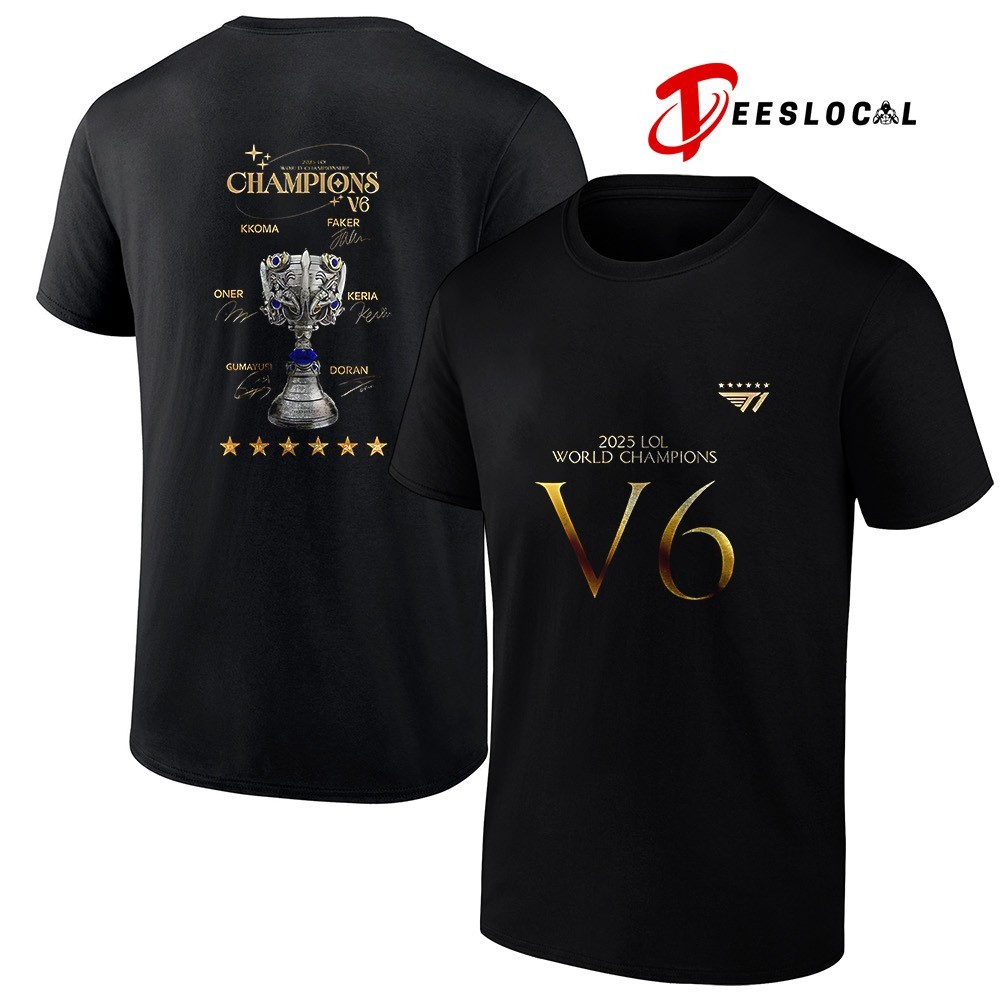 SKT T1 2025 LOL world champions V6 team signature trophy shirt